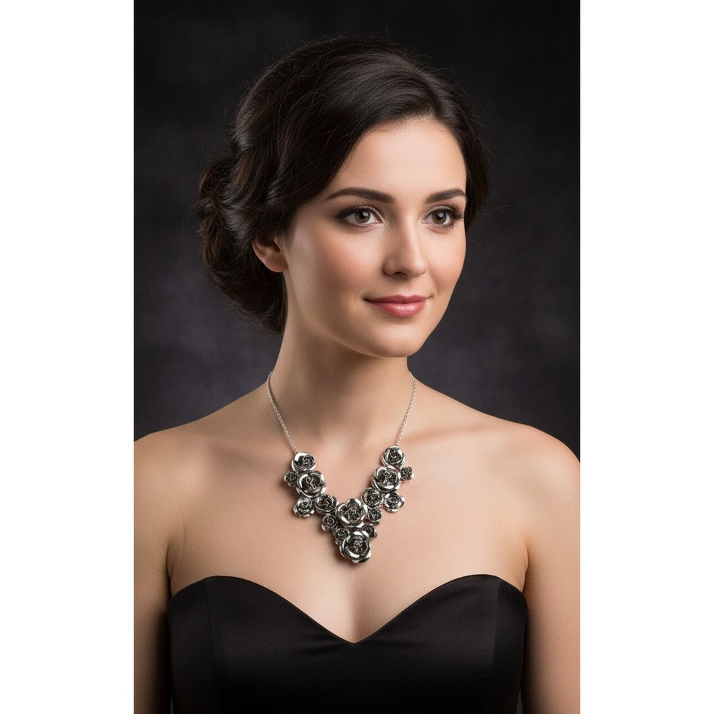 Silver Tone Metallic Rose Floral Bib Statement Necklace 8 Inch Drop